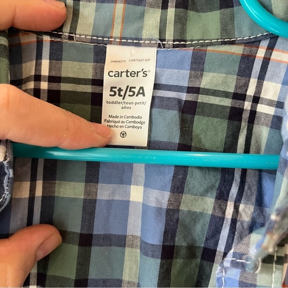 🌼 5/$25 Carter’s Boys Plaid Button-Up Shirt 5T Long Sleeve Blue Green - Picture 3 of 10